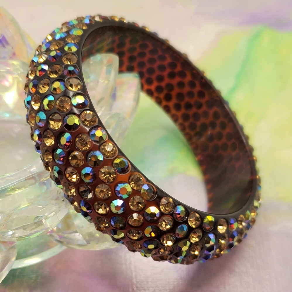 Vintage Weiss? Rhinestone Lucite Bracelet Aurora Borealis Wide Bangle